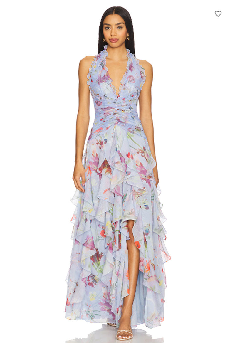 Nori - Halter Neck Rimpel Bodice Bloemen Maxi Jurk