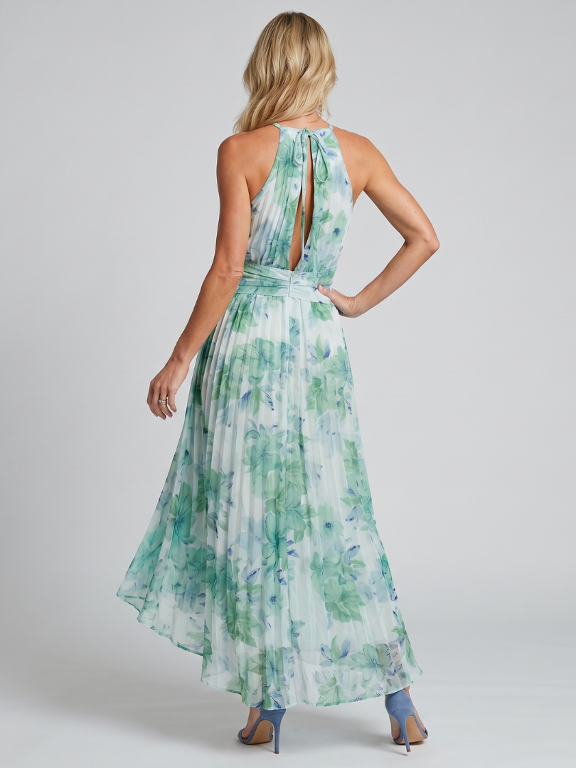 Portia - Plissé Halter Zachte Bloemenpatroon Midi Jurk