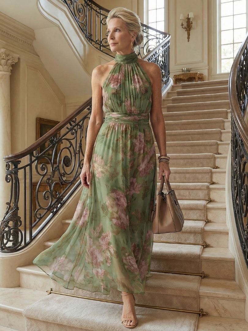 Mirelle - Geplooide Halter Midi Jurk