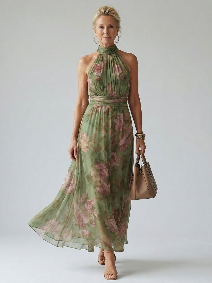 Mirelle - Geplooide Halter Midi Jurk