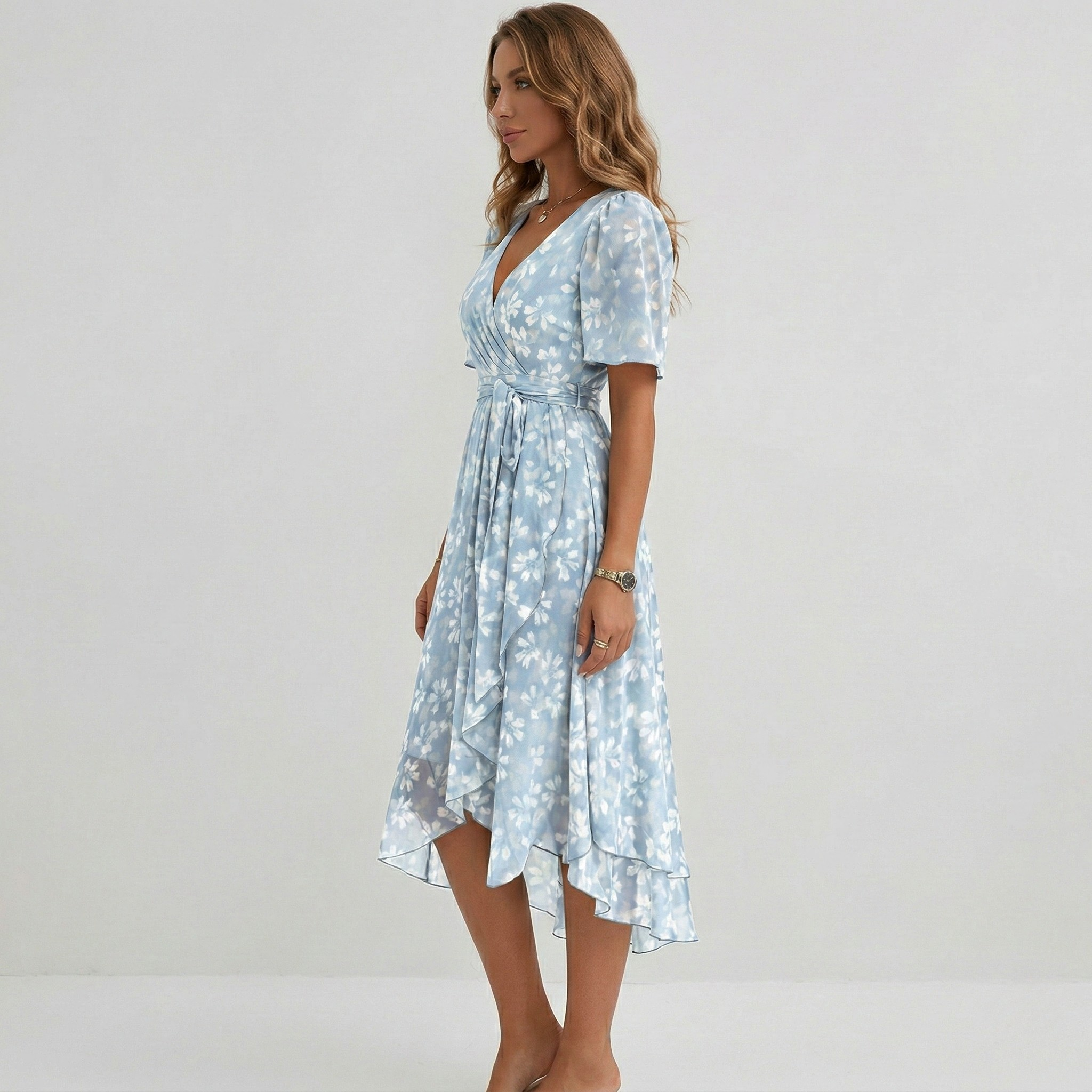 Floral Print Wrap Tiered Midi Dress – Wedding Guest