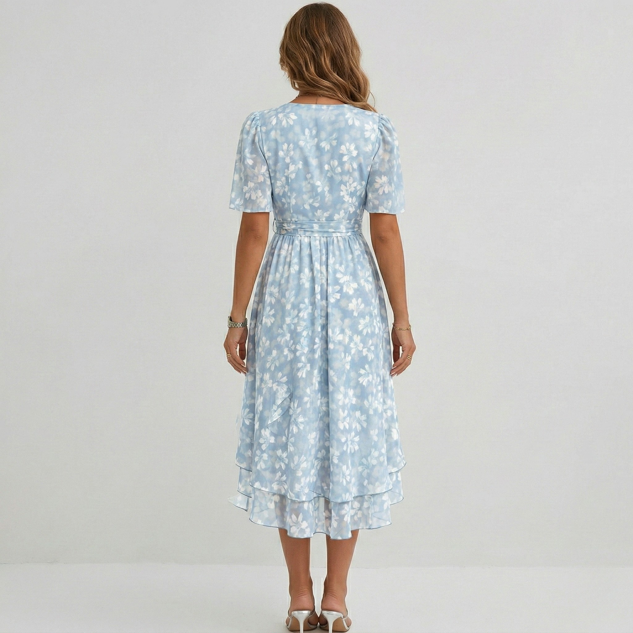 Floral Print Wrap Tiered Midi Dress – Wedding Guest