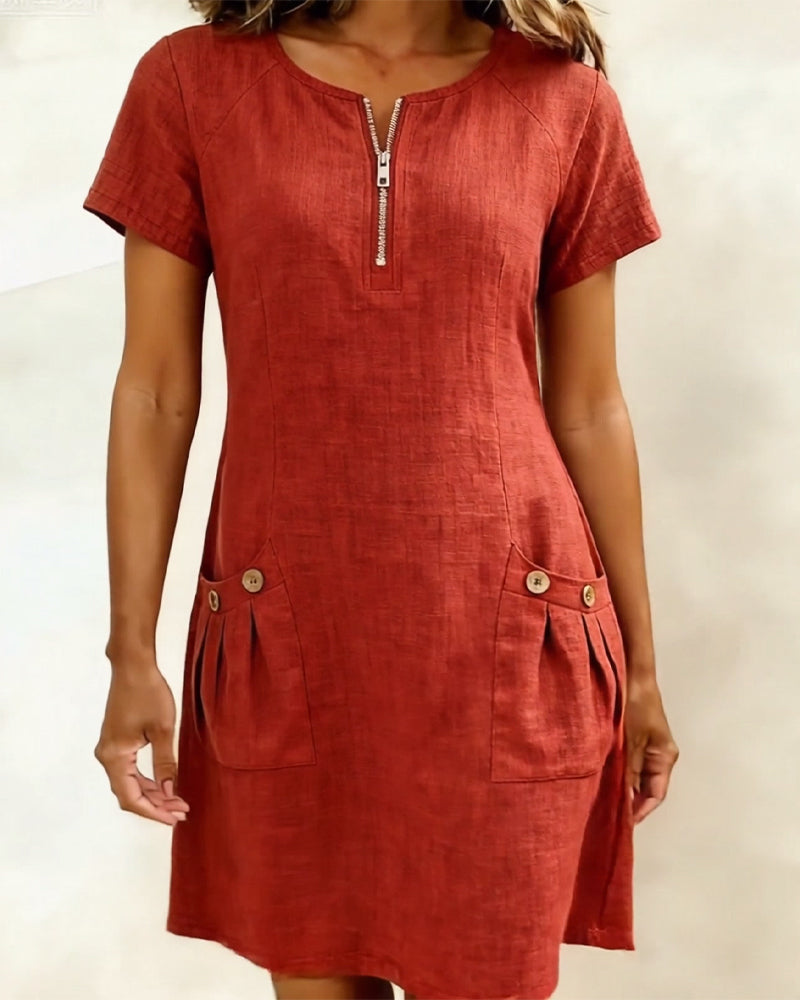 Zara | Cotton Linen A-Line Dress with Zip Pocket