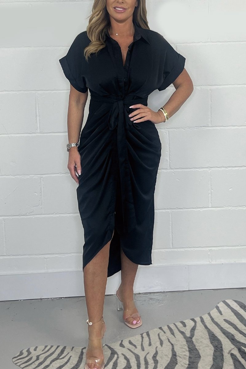 Satin Ruffle Front Wrap Shirt Dress