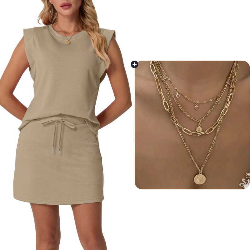 Set bestaande uit een moderne mouwloze top en een rok met trekkoord