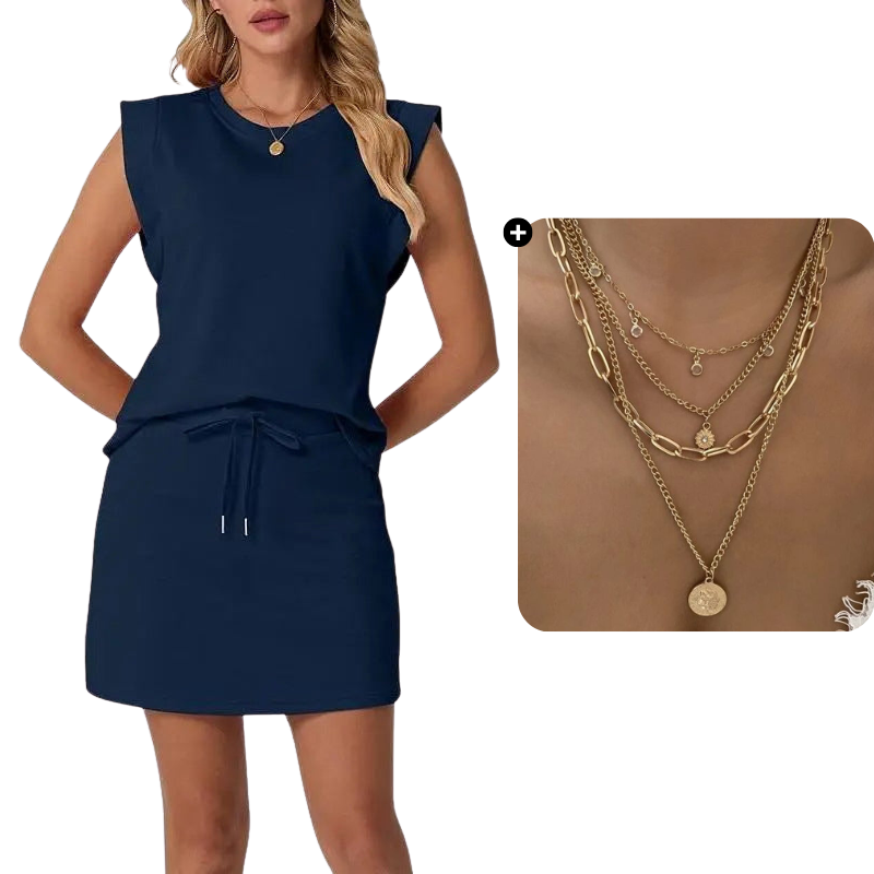 Set bestaande uit een moderne mouwloze top en een rok met trekkoord