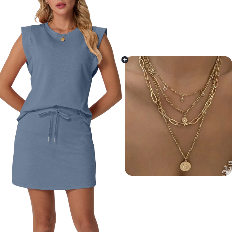 Set bestaande uit een moderne mouwloze top en een rok met trekkoord