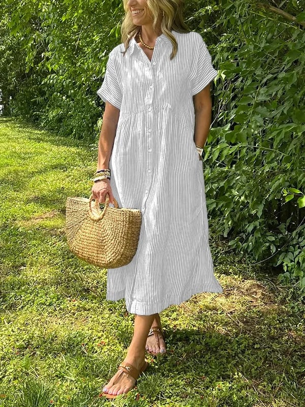Sandy - Striped Lapel Button Down Shirt Dress