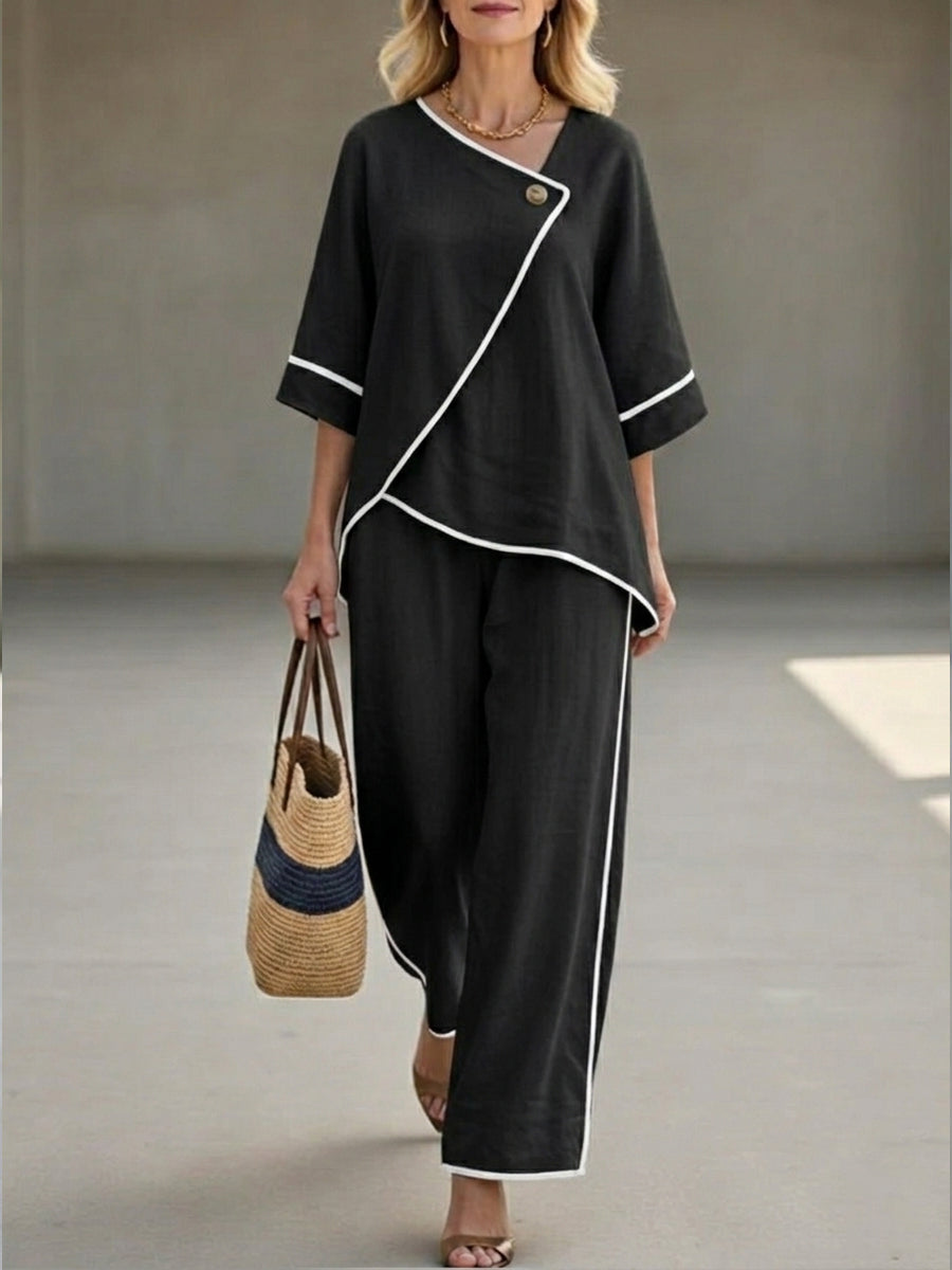 Inez - Casual Black Linen And Cotton Asymmetrical Collar Top And Pants Set