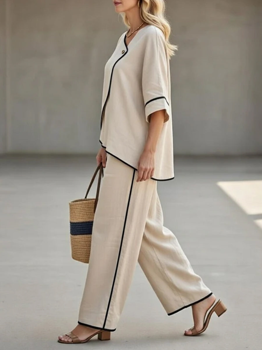 Inez - Casual Black Linen And Cotton Asymmetrical Collar Top And Pants Set
