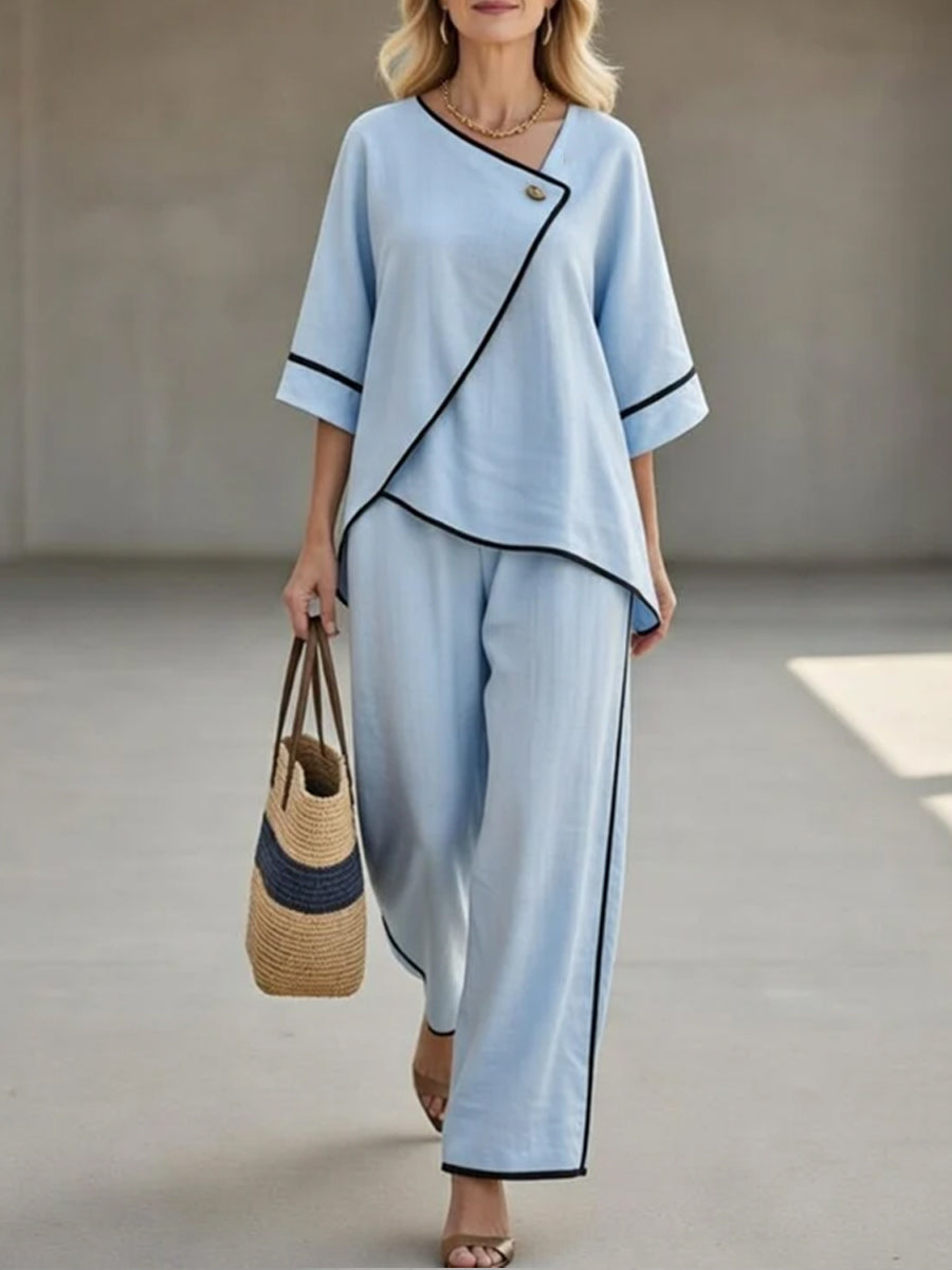 Inez - Casual Black Linen And Cotton Asymmetrical Collar Top And Pants Set