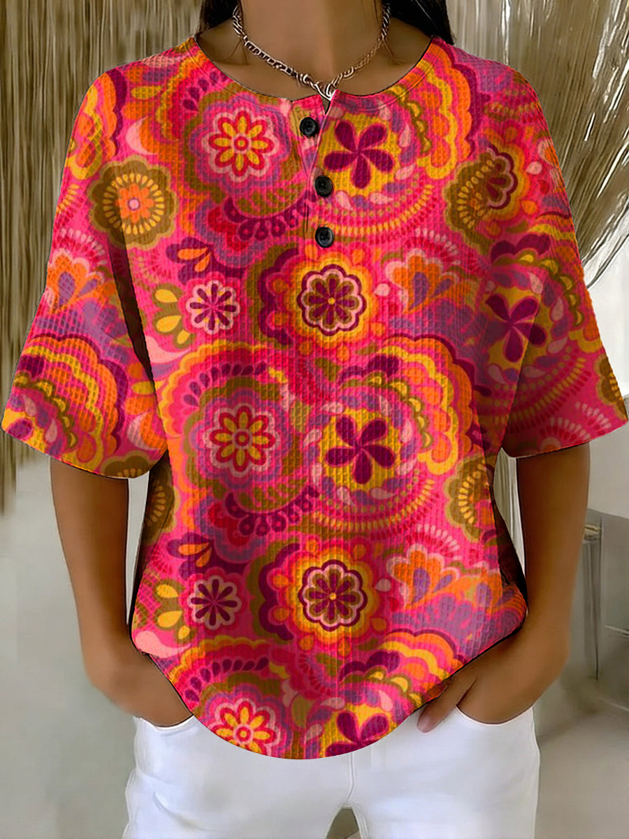 Vintage Hippie Flowers Pattern Printed Casual Cotton Waffle Knit Sweatshirt