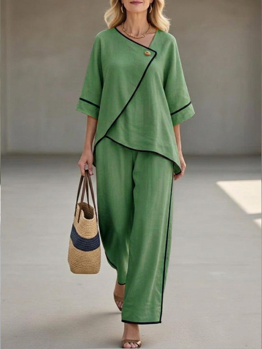 Inez - Casual Black Linen And Cotton Asymmetrical Collar Top And Pants Set