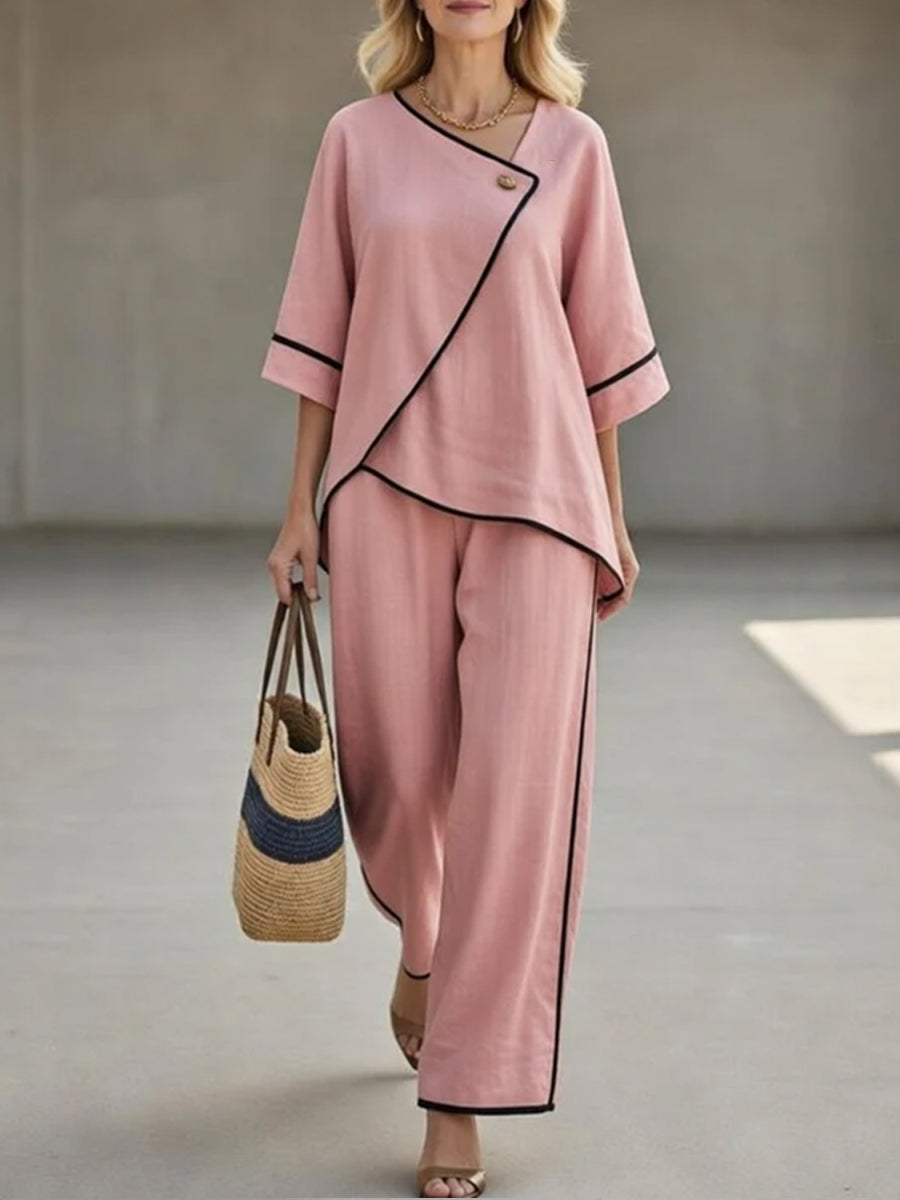 Inez - Casual Black Linen And Cotton Asymmetrical Collar Top And Pants Set