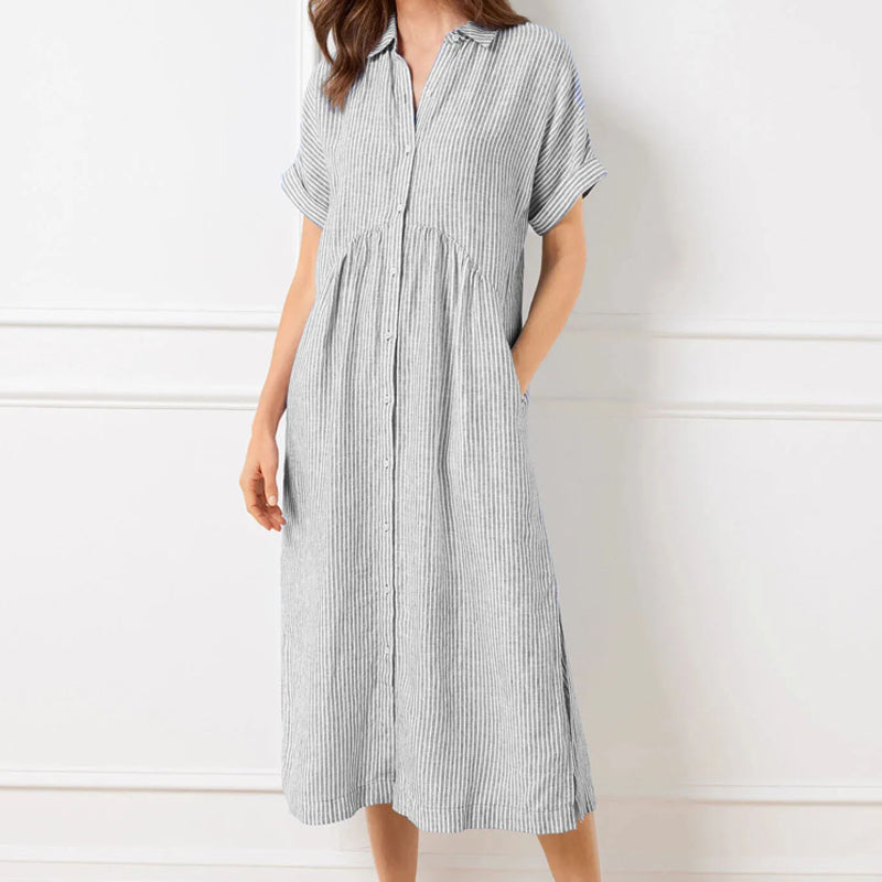 Sandy - Striped Lapel Button Down Shirt Dress
