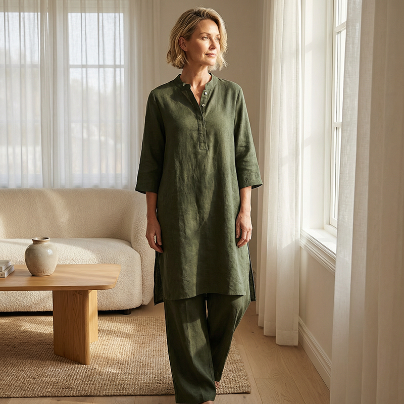 Mandarin Collar Tunic and Wide Leg Trouser Set