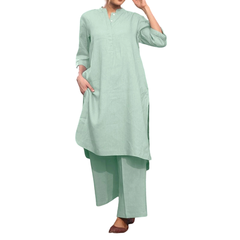 Mandarin Collar Tunic and Wide Leg Trouser Set