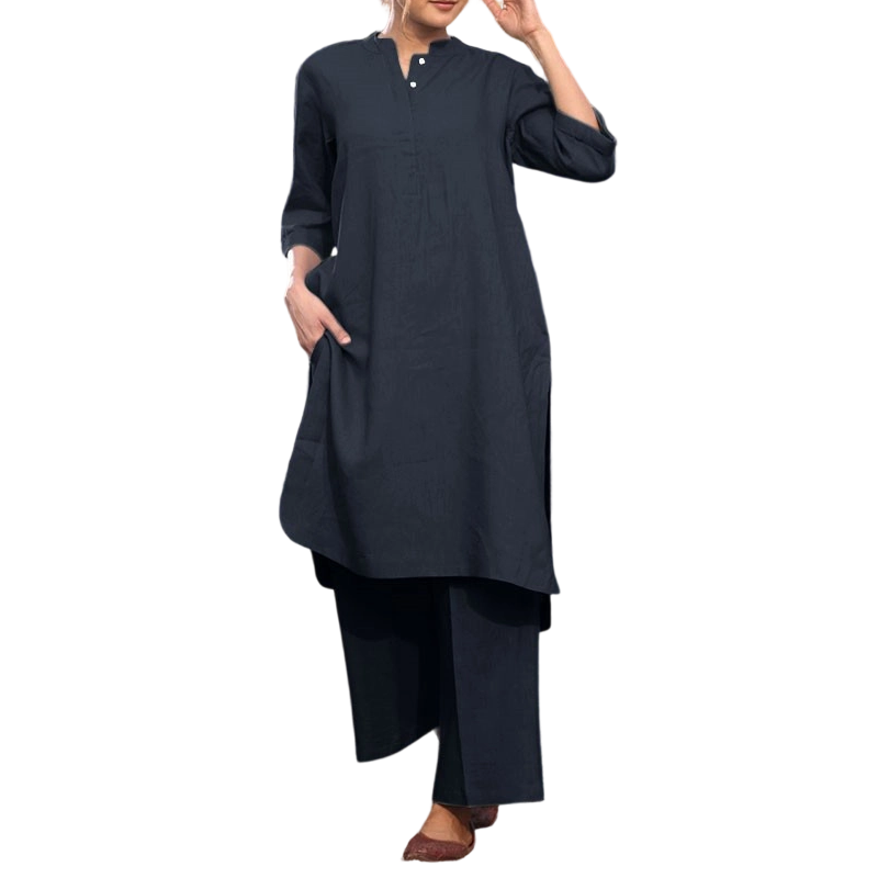 Mandarin Collar Tunic and Wide Leg Trouser Set