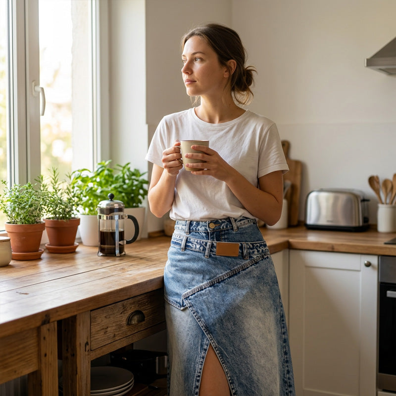 Asymmetric Denim Maxi Skirt