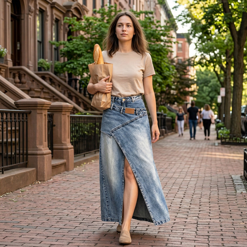 Asymmetric Denim Maxi Skirt