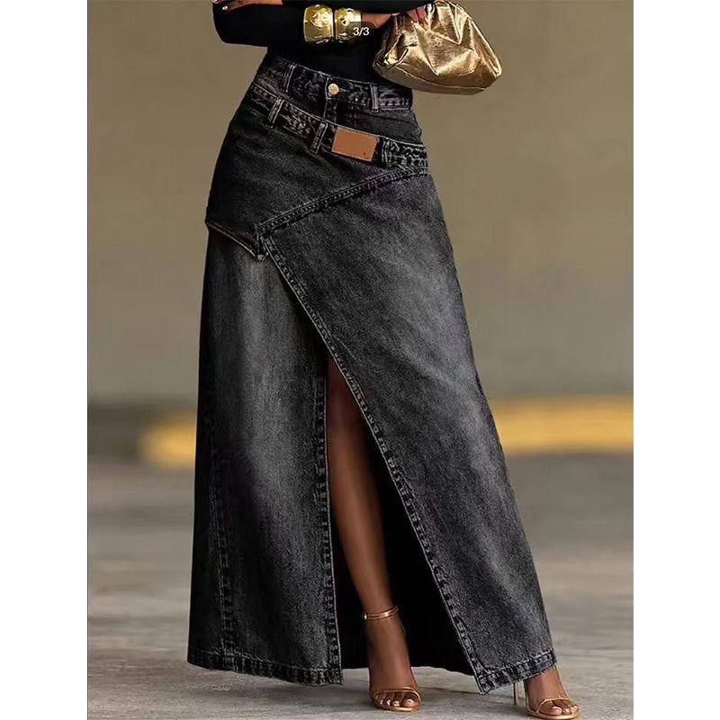 Asymmetric Denim Maxi Skirt
