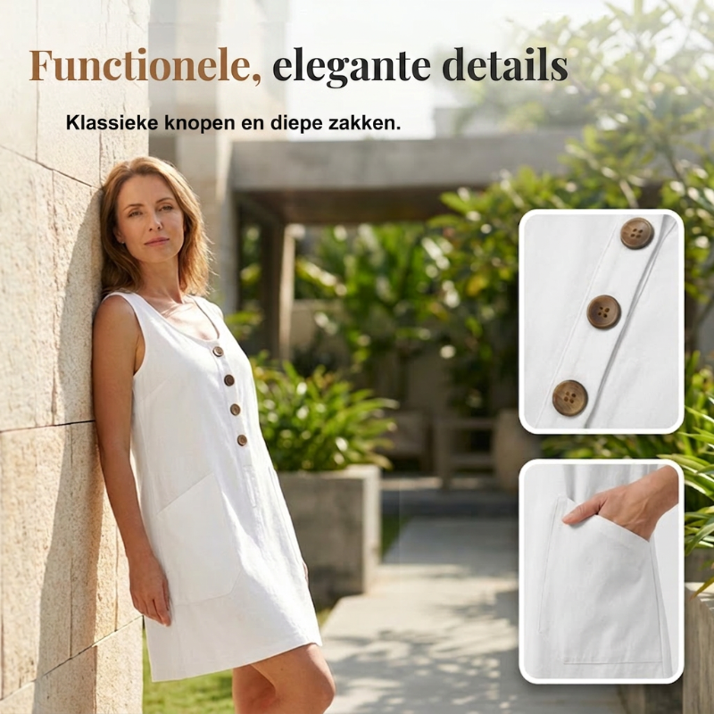 🔥50% KORTING! 🌸Mouwloze zomerjurk met U-hals, ademend katoenlinnen en handige voorzakken
