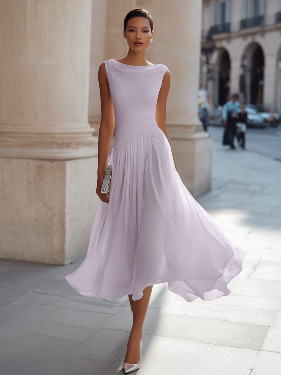 Draped Neck Sleeveless Pleated Midi Dress – Occasion