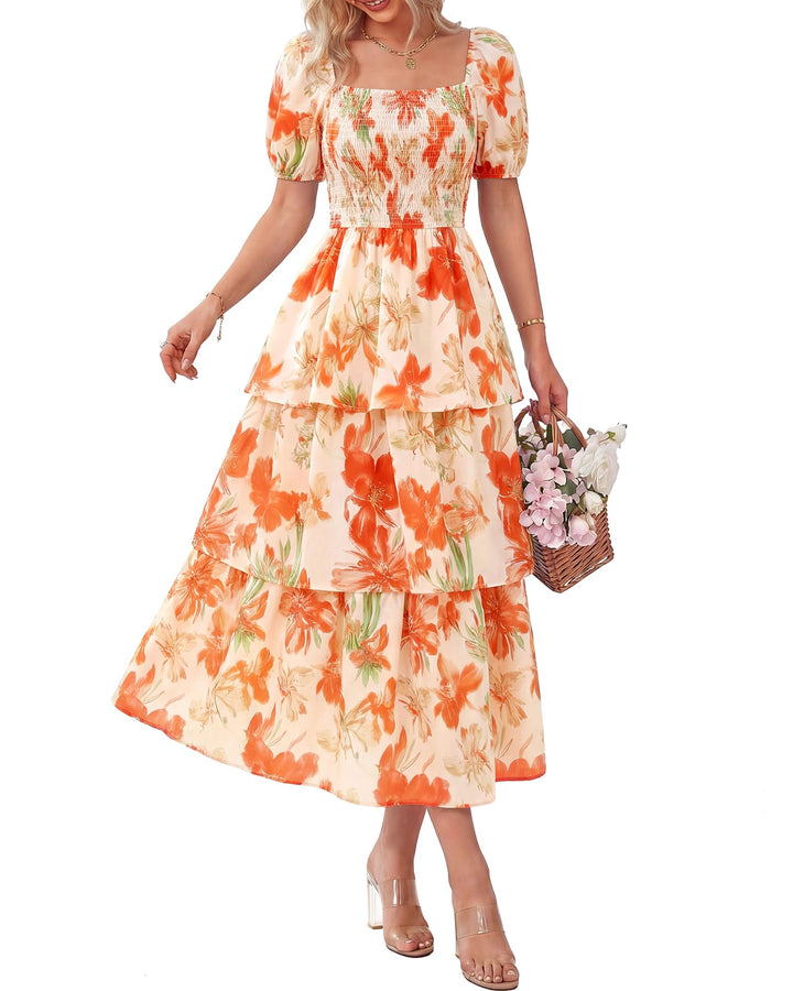 Smocked Square Neck Tiered Summer Dress