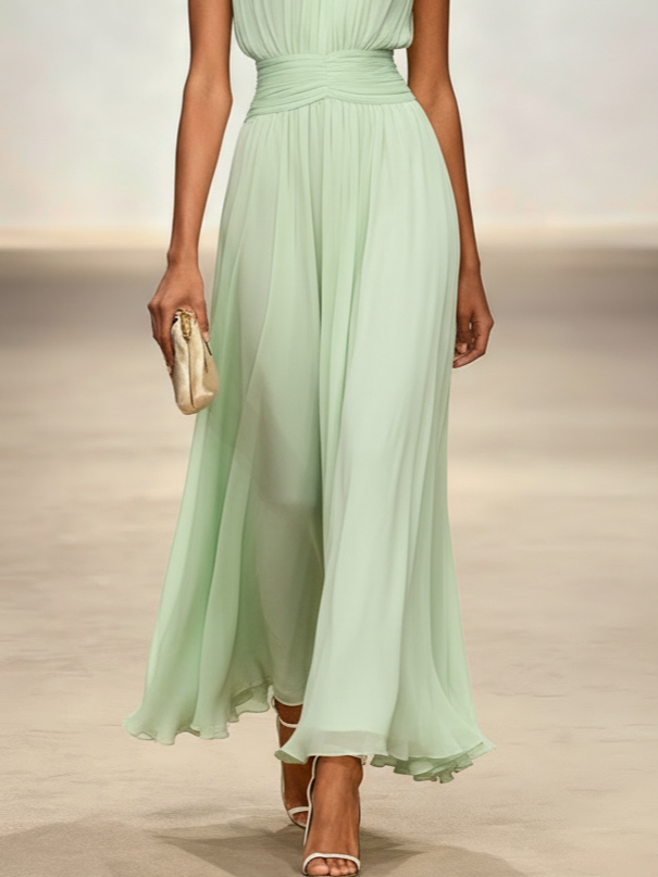 Sleeveless Ruched A-Line Maxi Dress – Wedding Guest Dress