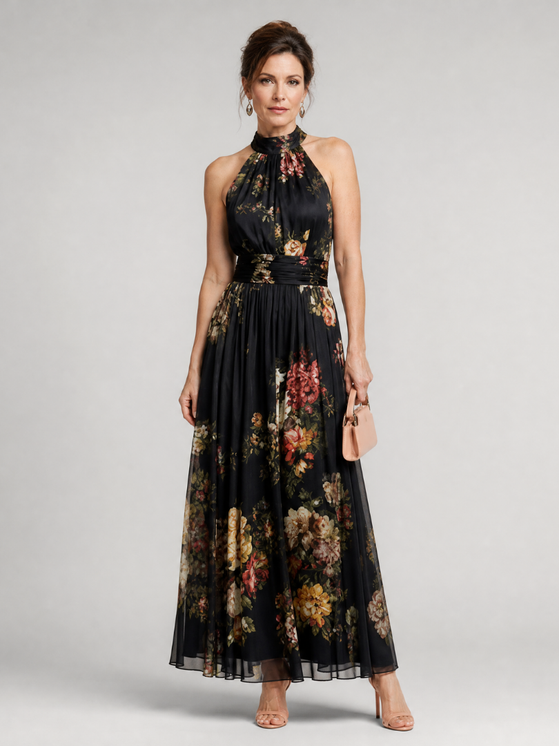 Sior - Bloemen Halter Nek Midi Jurk