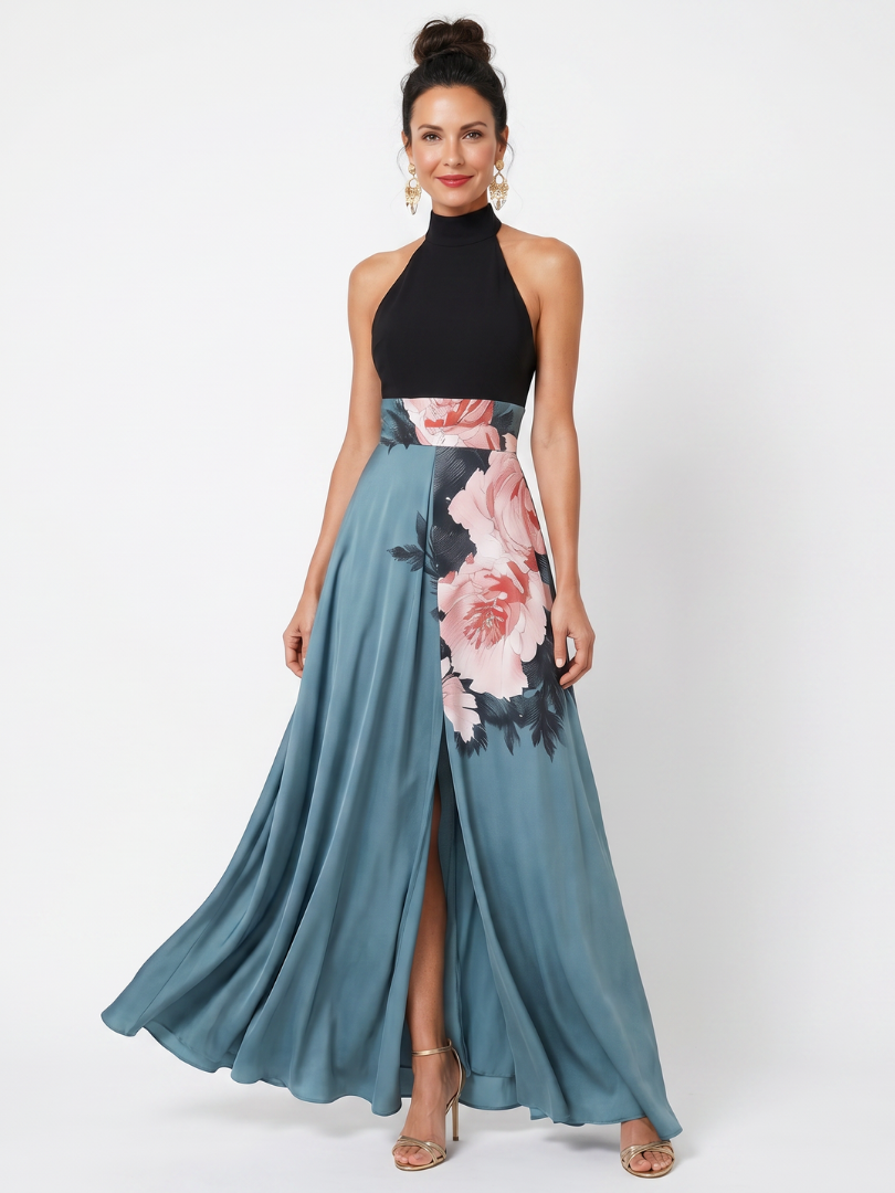 Olympas - Halter Lijfje Bloemenrok Maxi Jurk