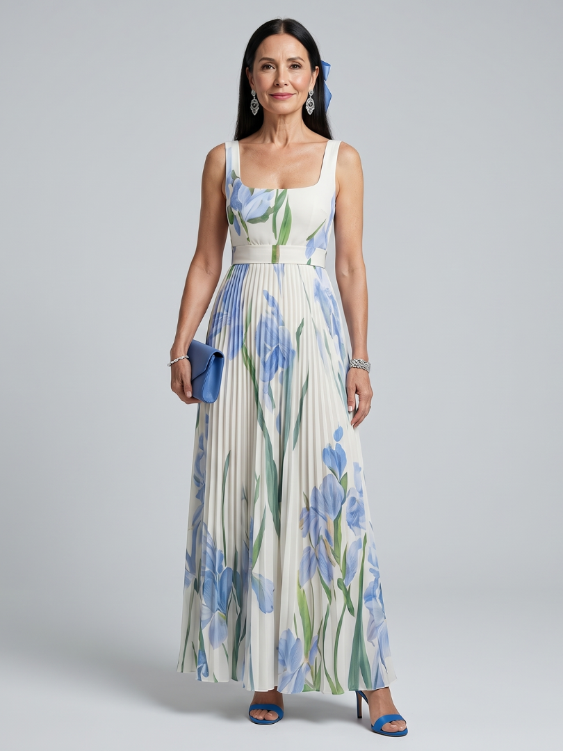 Ophelia - Mouwloze Midi-jurk met Vierkante Hals en Bloemenprint