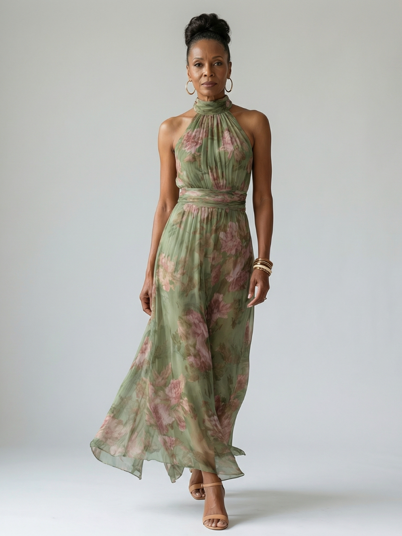Mirelle - Geplooide Halter Midi Jurk