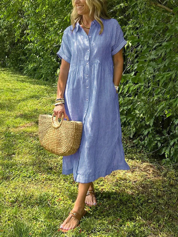 Sandy - Striped Lapel Button Down Shirt Dress