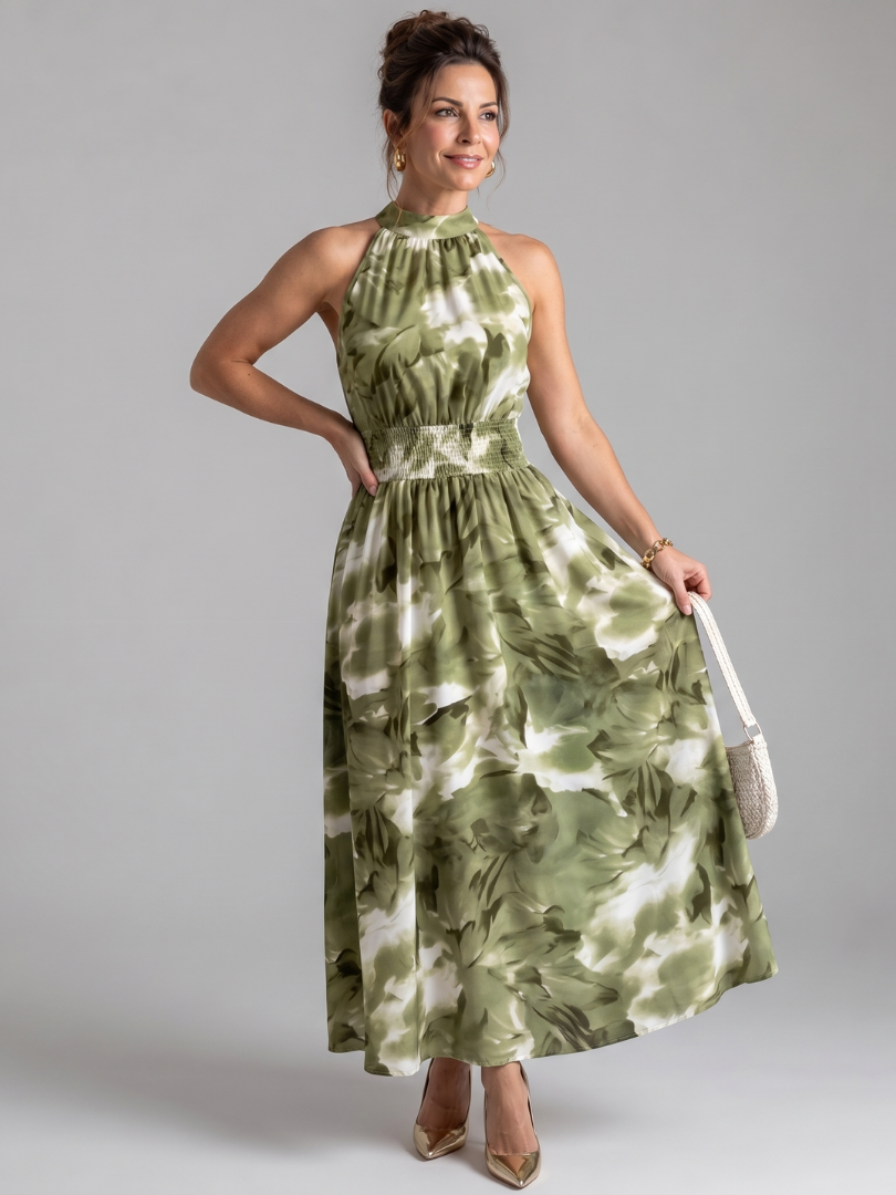 Olivia - Geplooide Taille Abstract Print Midi Jurk