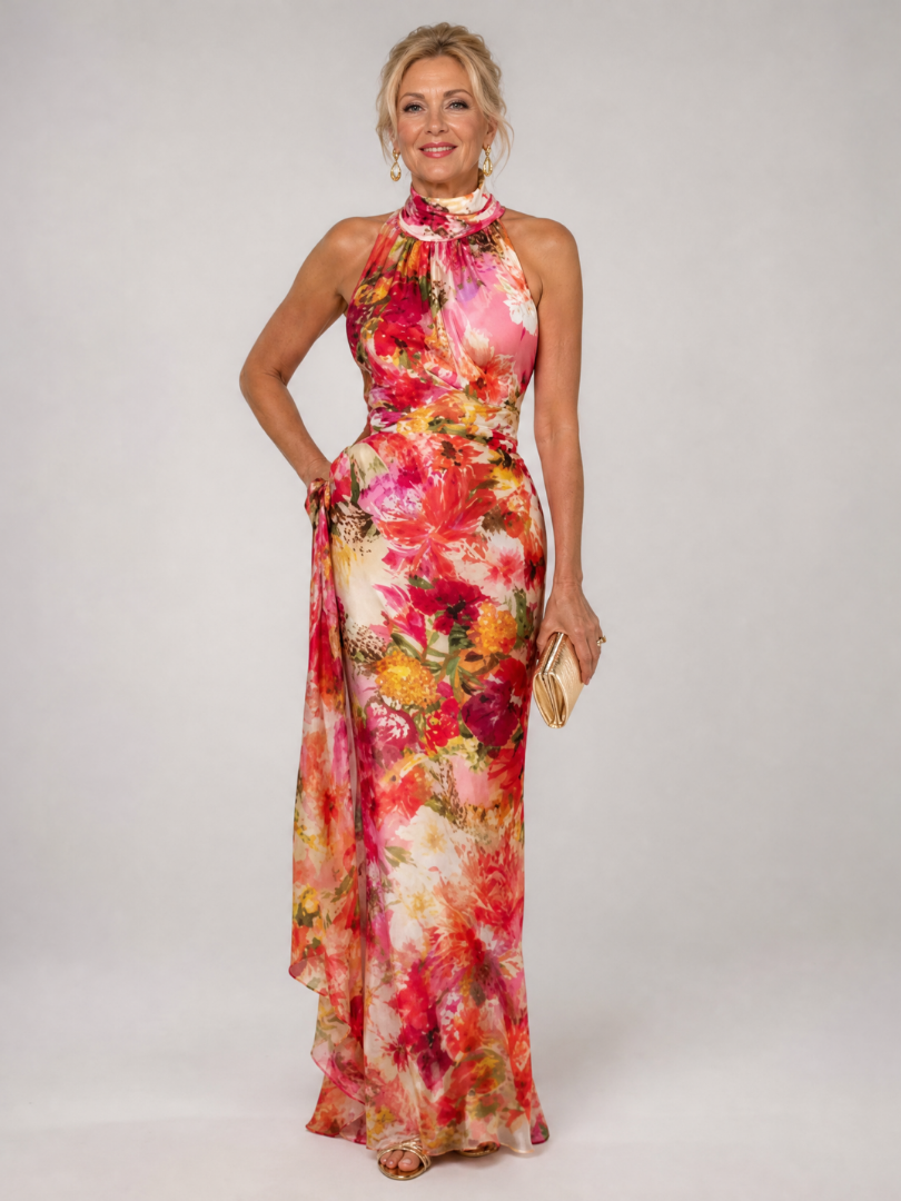 Elisabetta - Halter Nek Bloemenprint Maxi Jurk