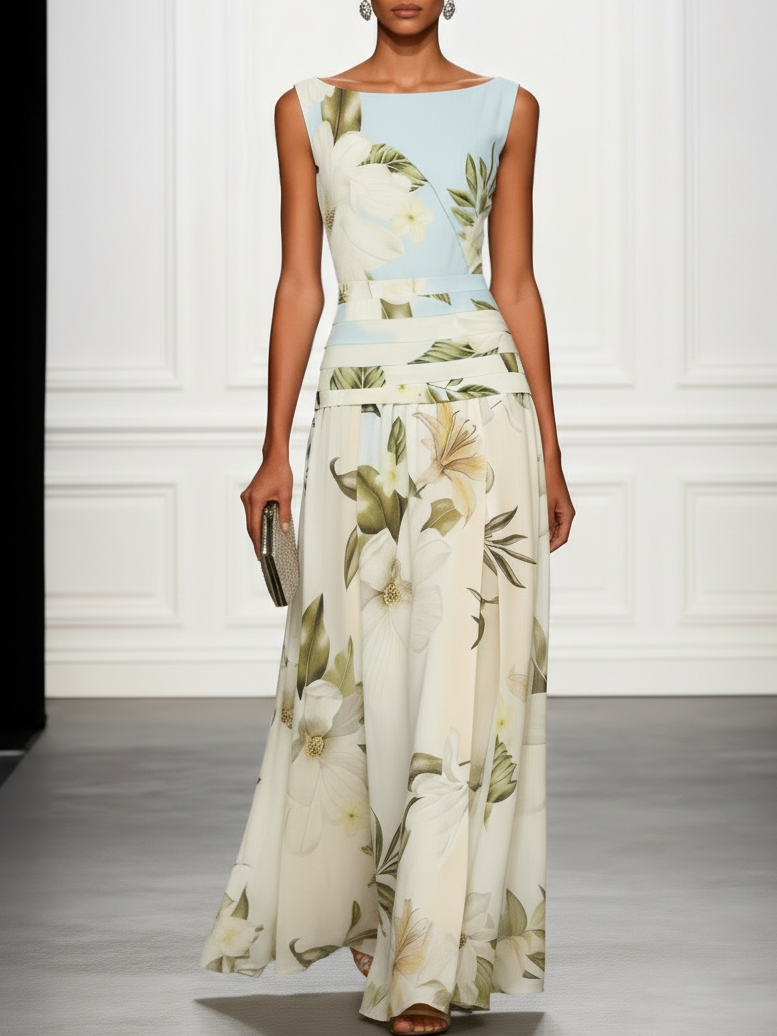 Floral Boat Neck Sleeveless Maxi Dress – Wedding Guest