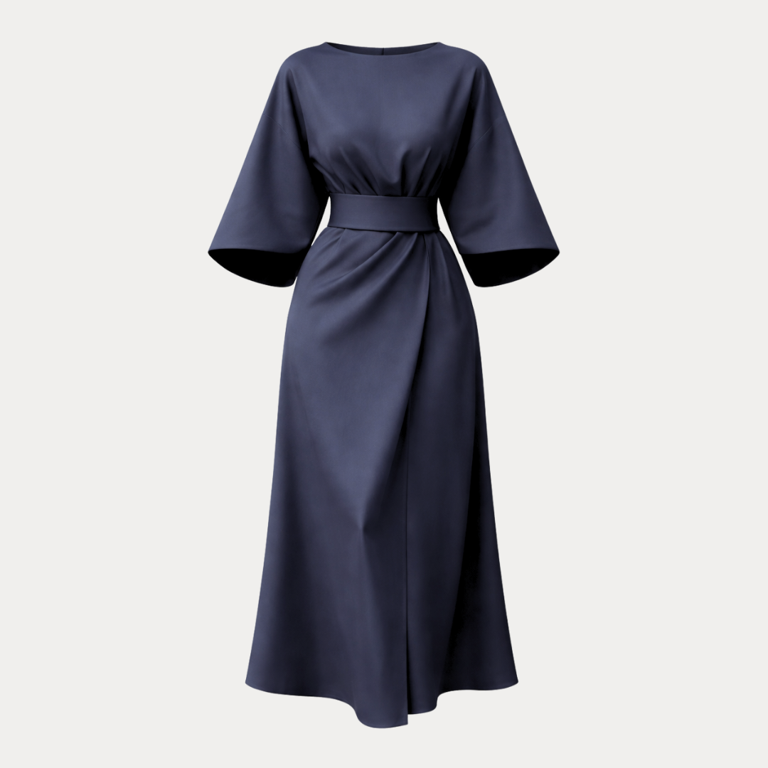 Belted Wide Sleeve Wrap Midi Dress