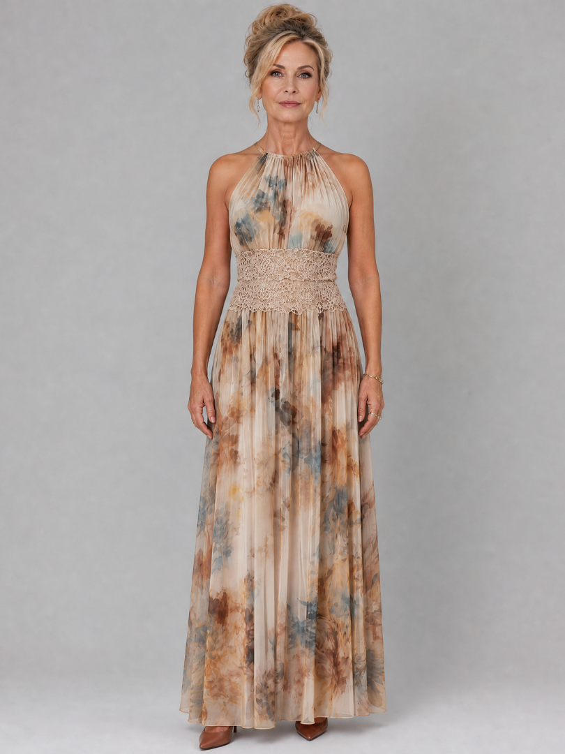 Elavenue - Halter Nek Kanten Taille Maxi Jurk