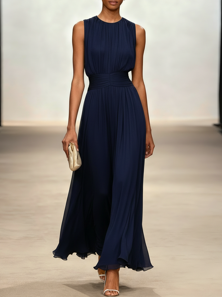 Sleeveless Ruched A-Line Maxi Dress – Wedding Guest Dress