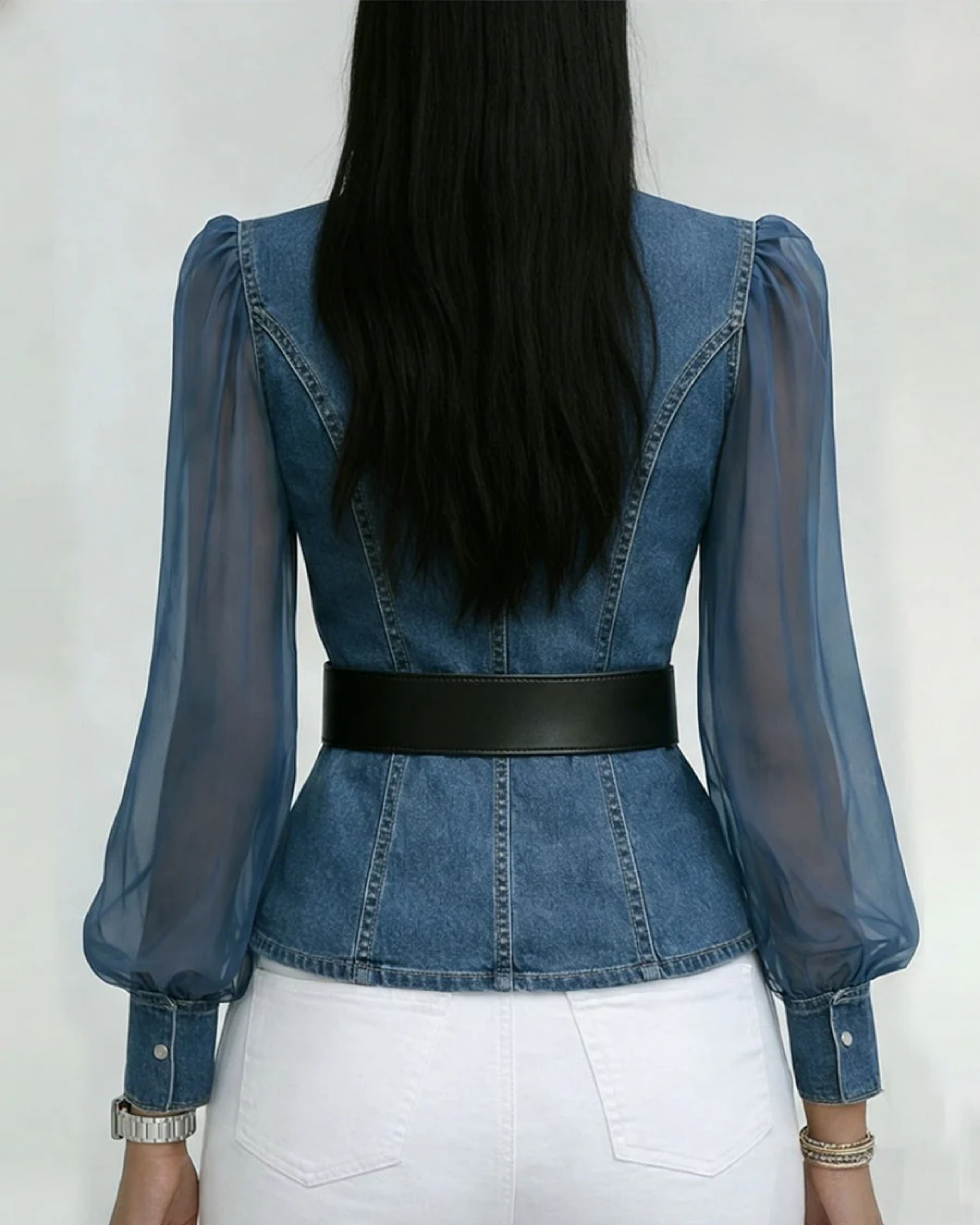 Vessa™ | Wrap Denim Top with Chiffon Sleeves