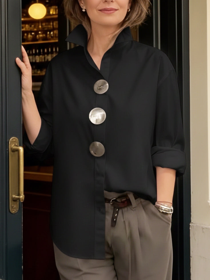 Rosaline™ | Silver Button Stand Collar Blouse