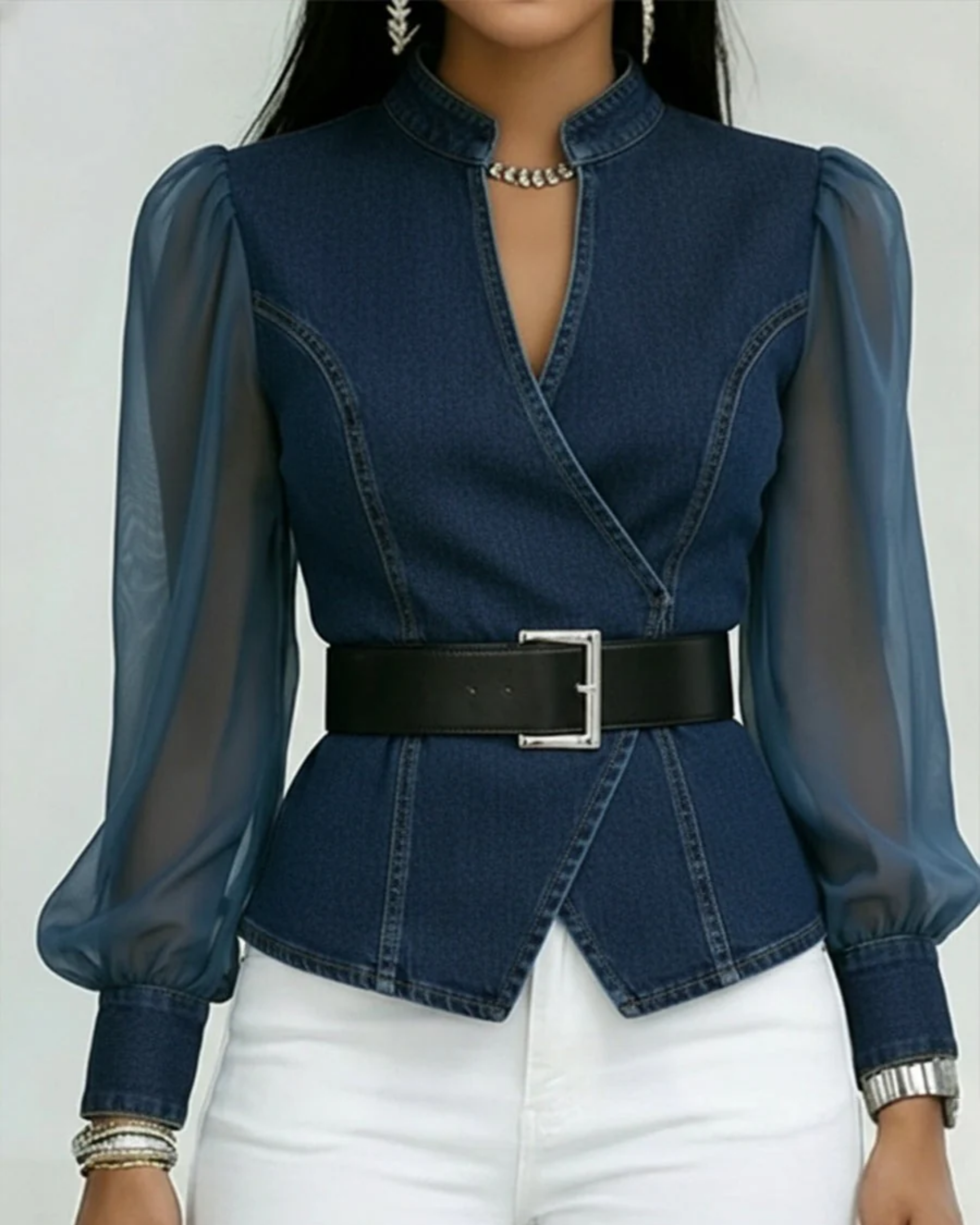 Vessa™ | Wrap Denim Top with Chiffon Sleeves