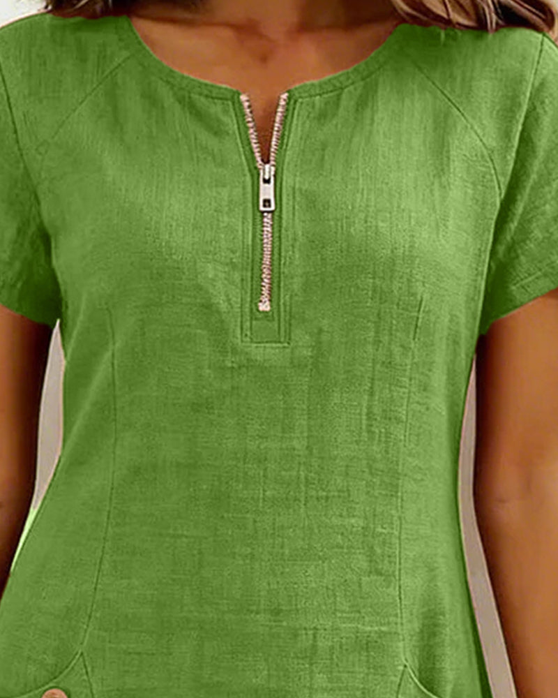 Zara | Cotton Linen A-Line Dress with Zip Pocket