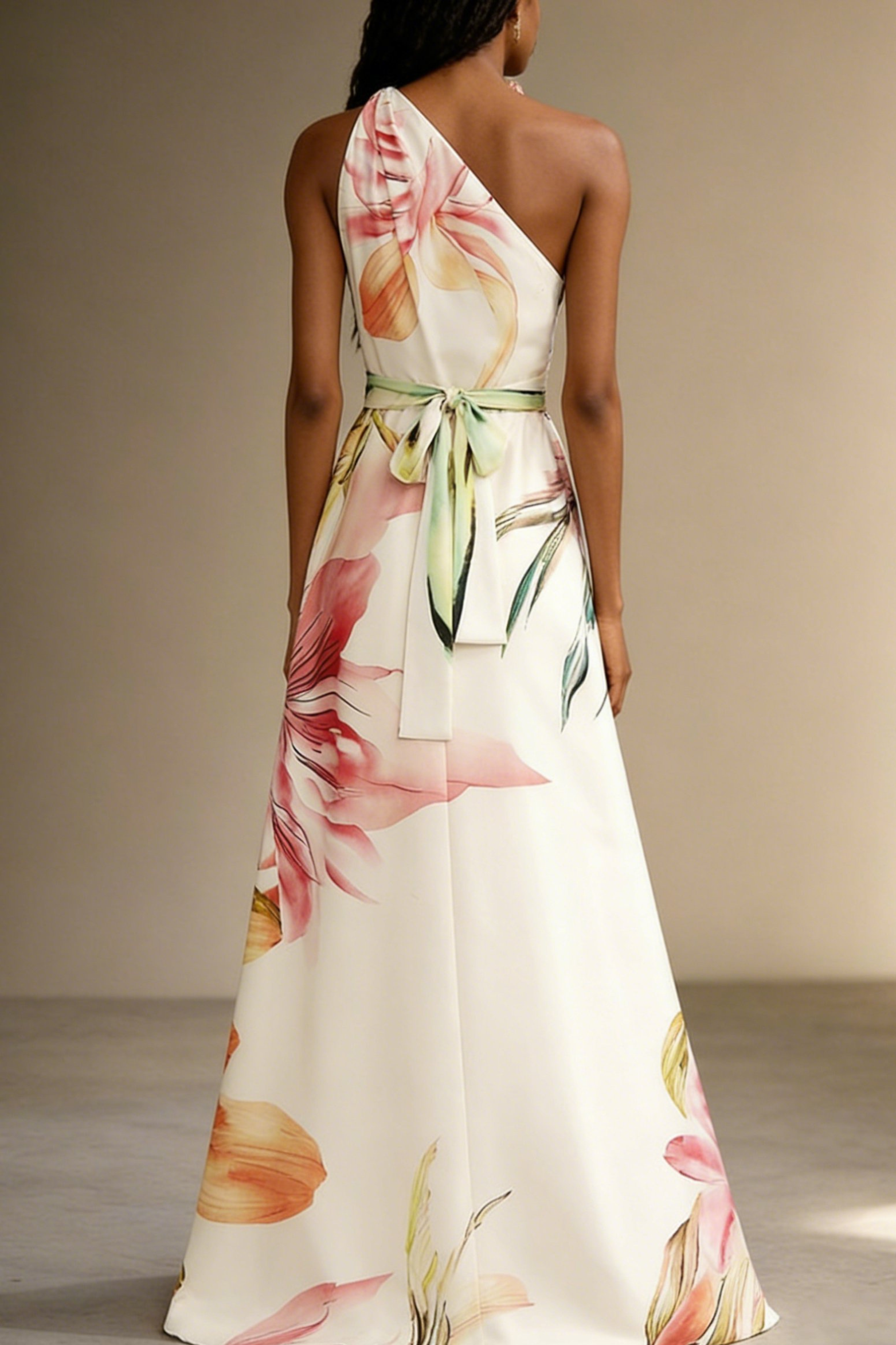 Floral Satin One Shoulder Maxi Dress – Wedding Guest