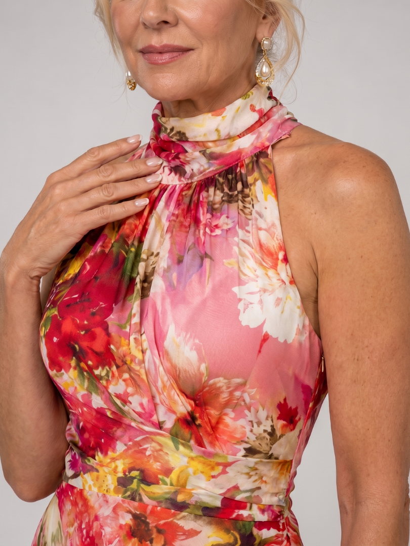 Elisabetta - Halter Nek Bloemenprint Maxi Jurk
