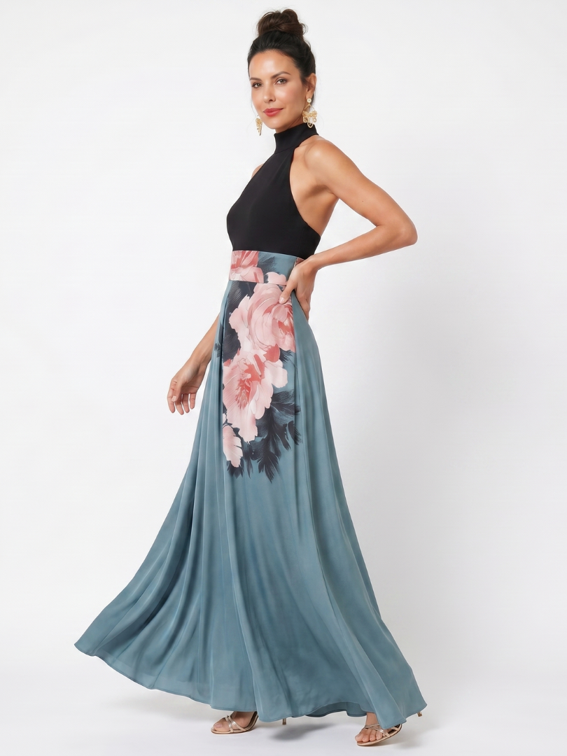 Olympas - Halter Lijfje Bloemenrok Maxi Jurk