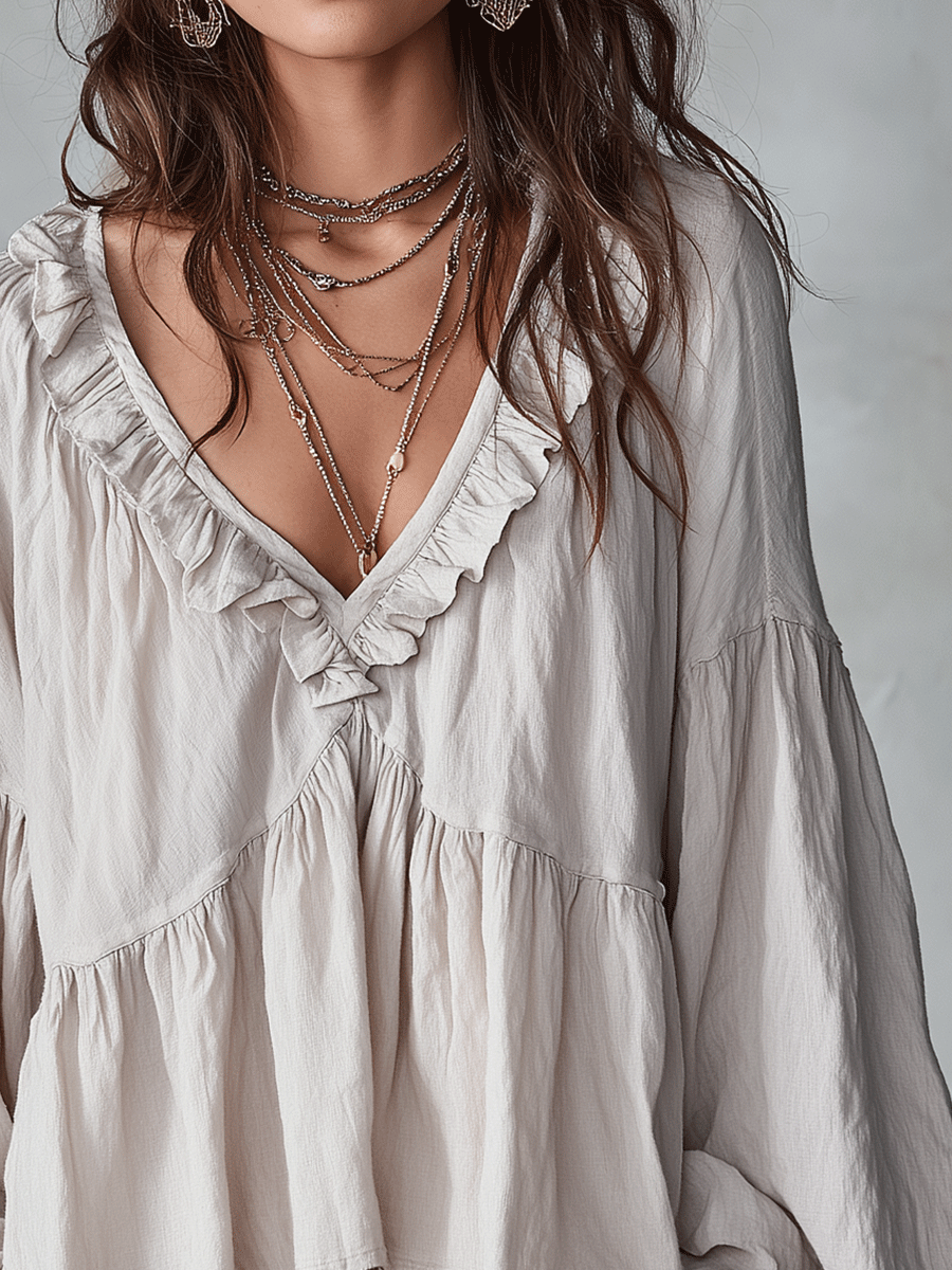 Airy - Vintage-Inspired Ruffle Soft Ruffle Bohemian Blouse