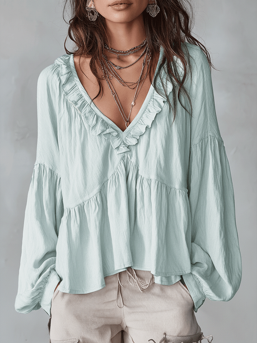 Airy - Vintage-Inspired Ruffle Soft Ruffle Bohemian Blouse