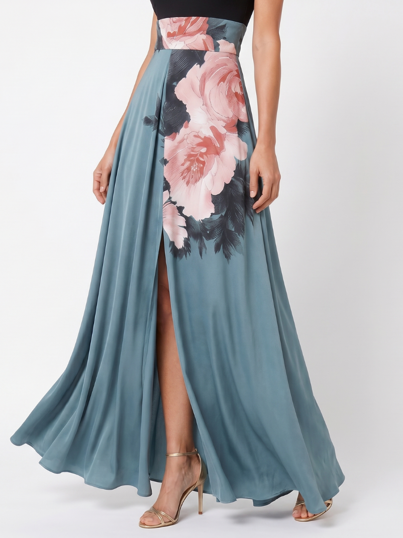 Olympas - Halter Lijfje Bloemenrok Maxi Jurk